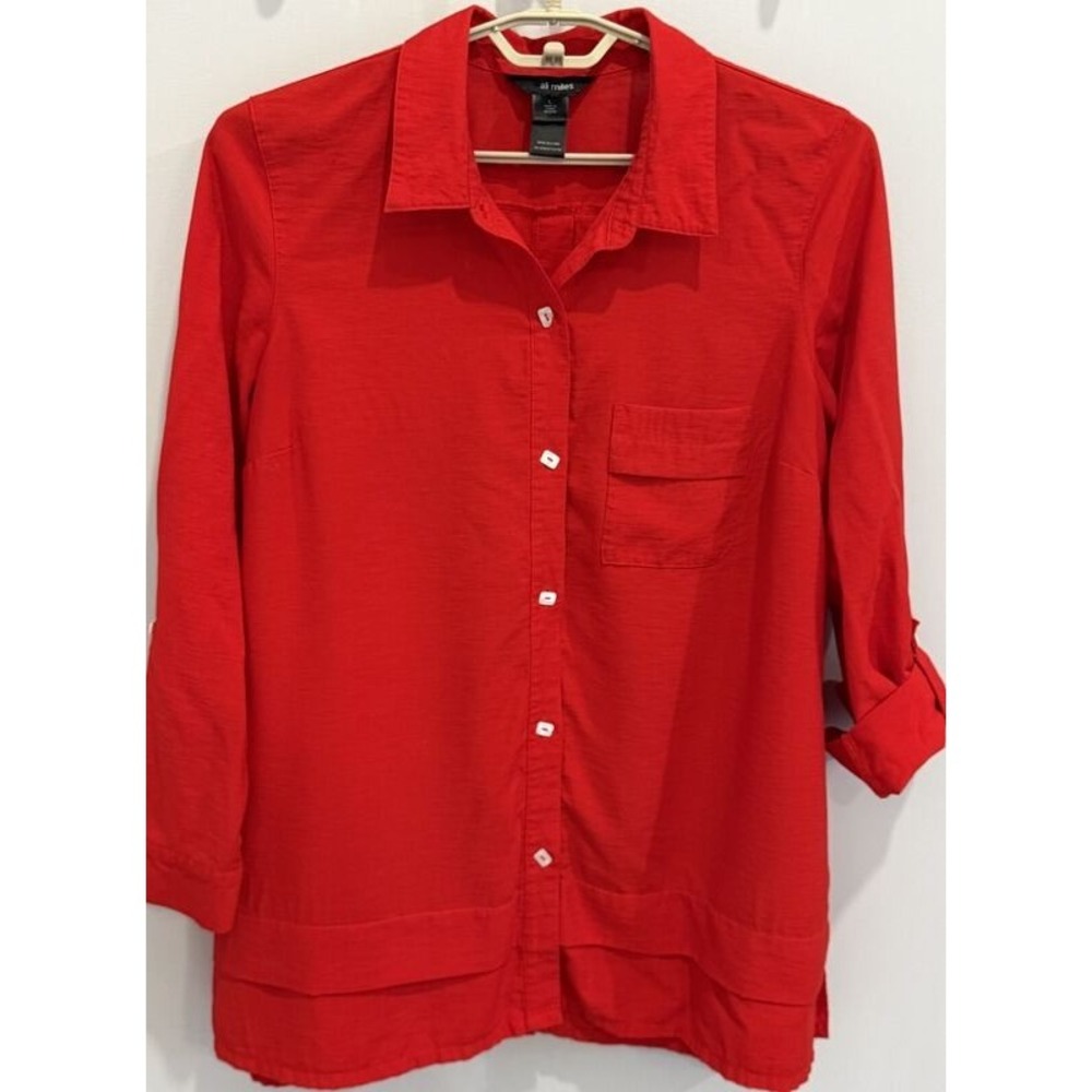 Ali Miles Long Sleeve Roll Tab Tunic Shirt Button Back Geo Buttons Size L
